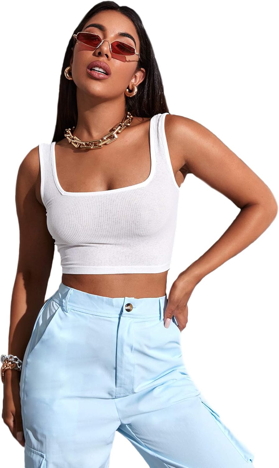 SheIn Women's Basic Square Neck Sleeveless Rib Knit Solid Crop Tank Tops Amazon.ca Clothing