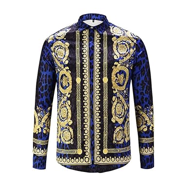 Amazon メンズシャツ春秋レトロプリントシャツ ボーホ長袖スリム