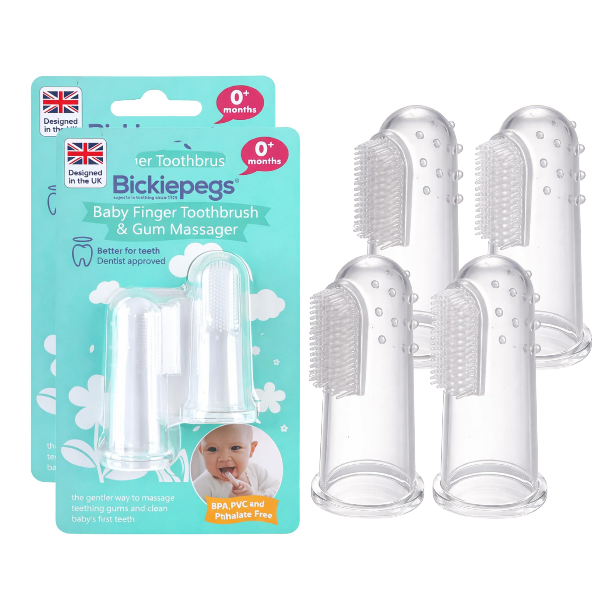 Bickiepegs Finger Toothbrush 0 Years, Baby Brush & Teething Gum Massager for Newborn, 2pcs (Pack of 2)
