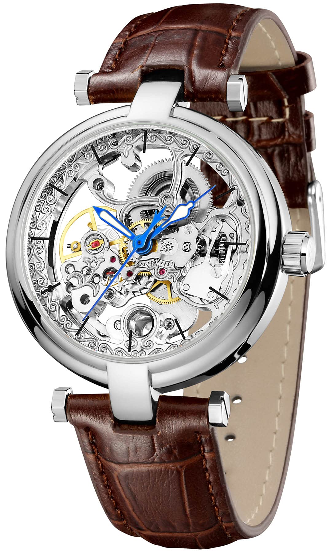 Photo 1 of CARLIEN Skeleton Automatic Steampunk Watches Gold-Tone Luminous Hands Leather Strap Wrist-Watch (Silver Brown)