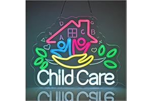 Hanging Signs "Child Care" Neon Sign USB Dimmable Wall Art Decoration For Nursery Bedroom Livingroom Party 31x38cm