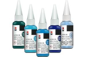 Marabu Blue Alcohol Ink Set - 5 Colors Set, Aqua Blue, Azure Blue, Dark Denim, Dark Blue Green, Arctic - Alcohol Ink for Epoxy Resin, Tumblers, Alcohol Ink Paper - Large 0.68 Ounce Inks