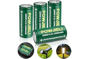 POWJIELI 18500 3.2V 1000mAh 3.2wh Rechargeable Solar Batteries,LiFePO4 18500 3.2 Volt Rechargeable Li-ion Battery for Outdoor Garden Solar Lights,Flashlight,Home Devices (4Pack)