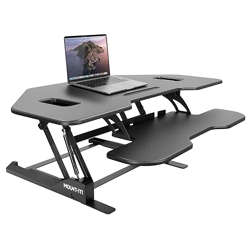 Mount-It! Corner Standing Desk Converter | Height Adjustable 43” Wide Desktop | Corner Stand Up Desk with Gas Spring Handle | Stand Up Computer Workstation with Ergonomic Keyboard Tray | Black