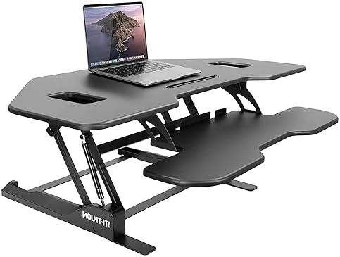 Sports & Outdoors - Mount-It! Corner Standing Desk Converter | Height Adjustable 43” Wide Desktop | Corner Stand Up Desk with Gas Spring Handle | Stand Up Computer Workstation with Ergonomic Keyboard Tray | Black