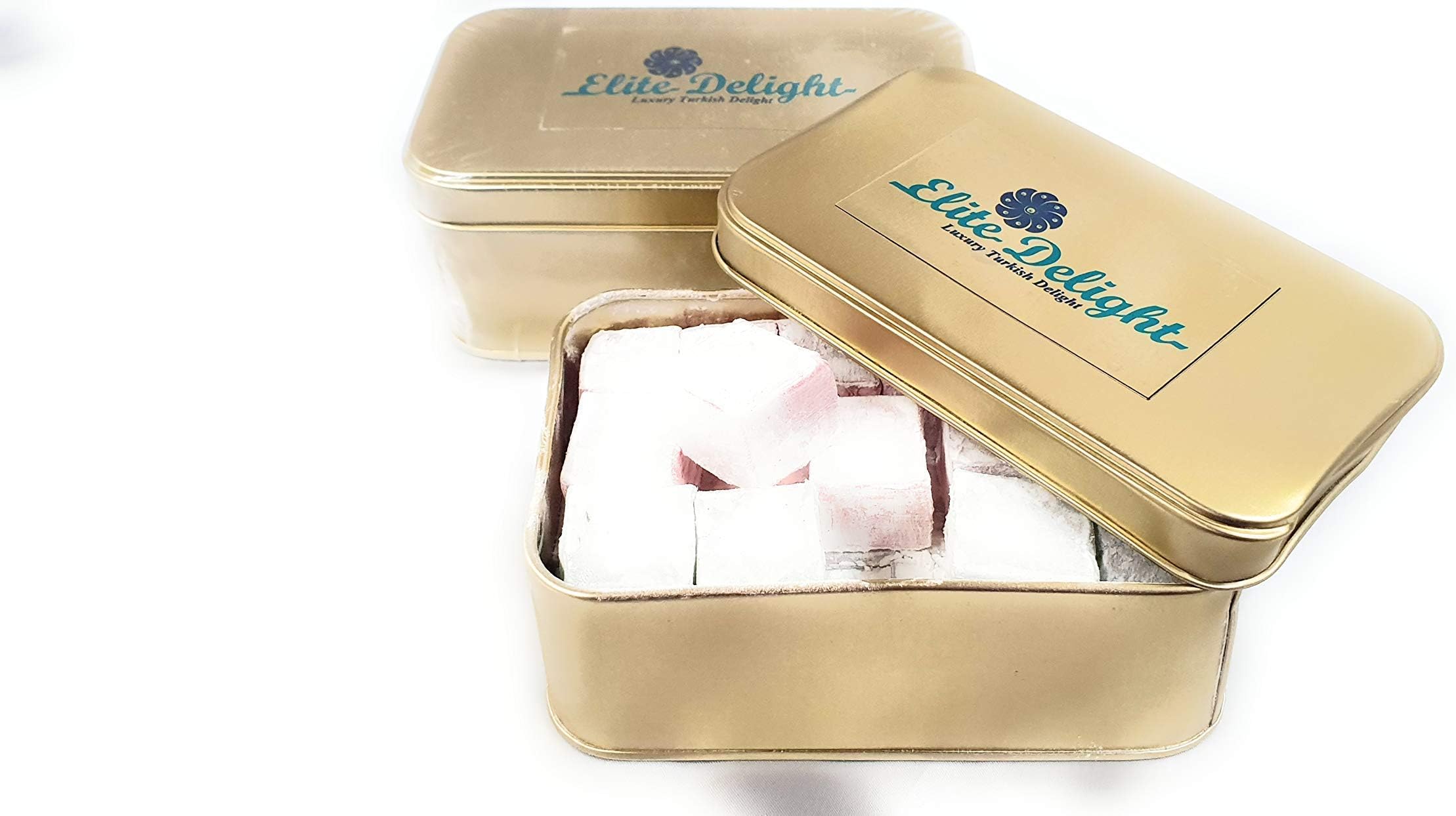 720gr Mix Plain Turkish Delight Tin Box (No Nuts) - 4 Different Flavors: Rose, Strawberry,Plain, Orange & Mint - 40 Pcs Approx. (Tin Box 720gr