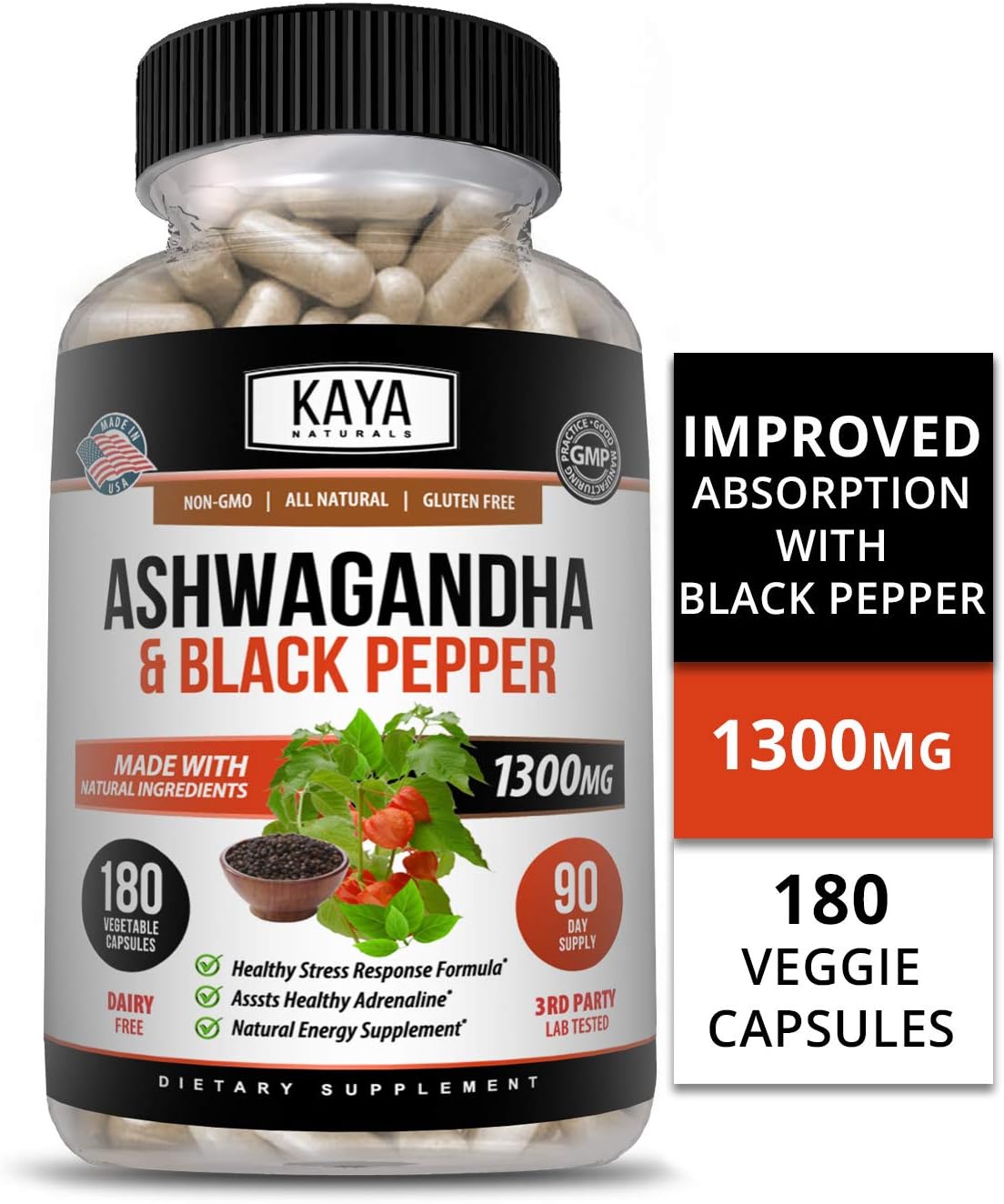 Kaya Naturals Organic Ashwagandha 1300mg, 180 Count Capsules for Stress Relief, Anti-Anxiety & Adrenal, Mood & Thyroid Support, Black Pepper and 100% Pure Ashwagandha (180 Capsules)