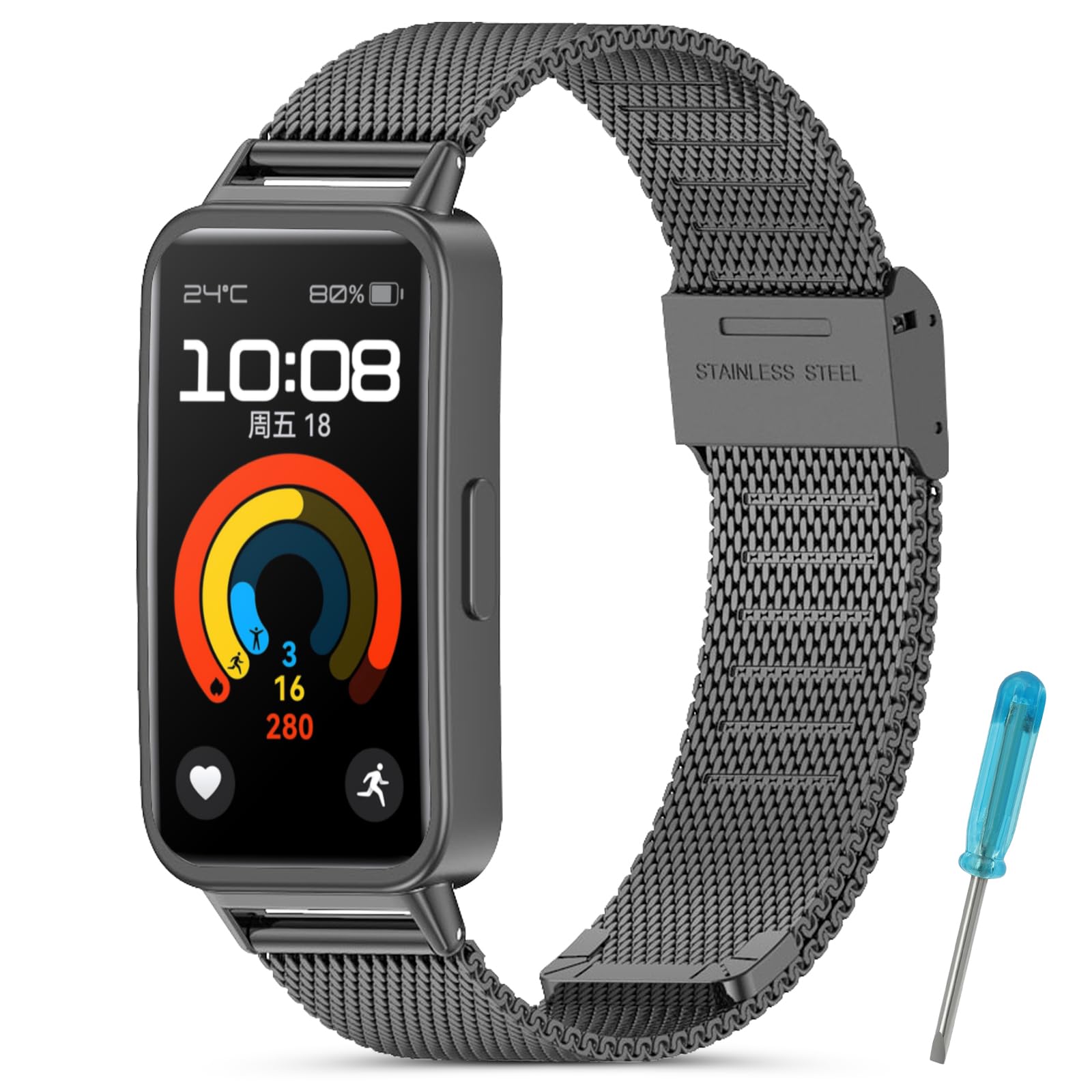 SenMore Metal Bracelet Compatible with Huawei Band 9/Huawei Band 8, Adjustable Stainless Steel Replacement Strap for Huawei Band 9/8 (No host)