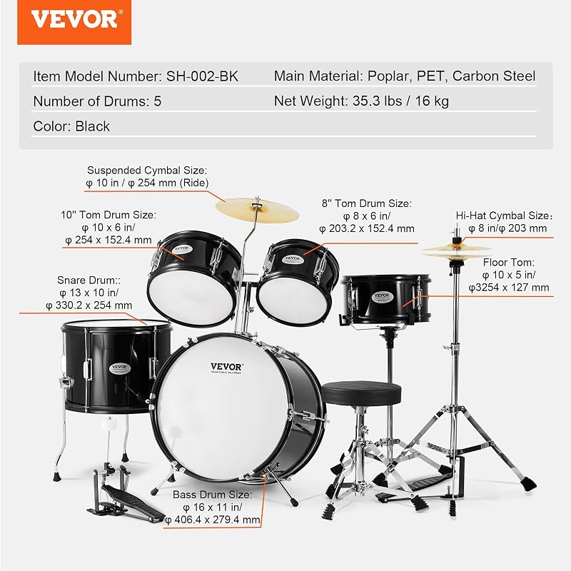 Schlagzeugset für Kinder, 5-teilig, Anfänger-Schlagzeugset mit Bass-Toms, Snare, Standtrommel, verstellbarem Thron-Becken, Hi-Hat-Pedal und Zwei Paar Drumsticks, für Kinder, schwarz