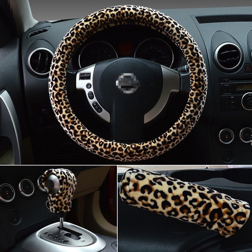 Ladies Women Lovely Sexy Leopard Grain Fur Steering Wheel Covers Universal Fit 38cm Buy 1 Get 1 Stalls Cover & Hand brake Cover (Coffee)