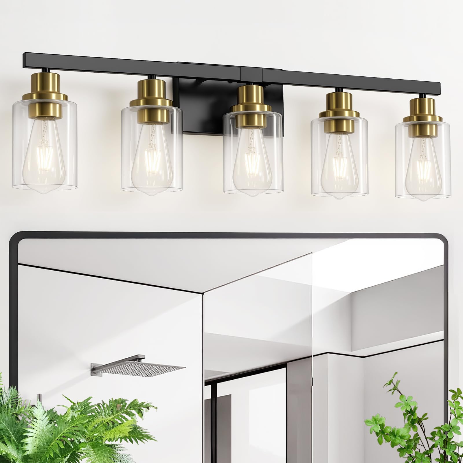 Photo 1 of DIKAIDA 5-Light Black and Gold Bathroom Vanity Light, 30" Modern Vanity Lighting Fixture, Bathroom Light Fixtures, Wall Sconces with Clear Glass Shade, Black Bathroom Wall Light Over Mirror