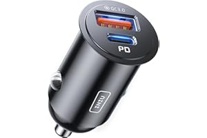 INIU Car Charger, 60W Total Fast Charging 2-Port [USB C 30W + USB A 30W] 5A PD Fast Charge All-Metal Mini USB-C Car Adapter f