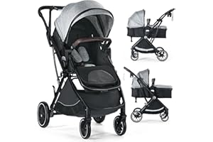 TODEFULL Baby Stroller, 3 in 1 Folding High Landscape Infant Stroller & Convertible Bassinet Pram for Newborn, Portable Baby Carriage Pushchair with Adjustable Canopy, Cup Holder, Storage Basket, Grey