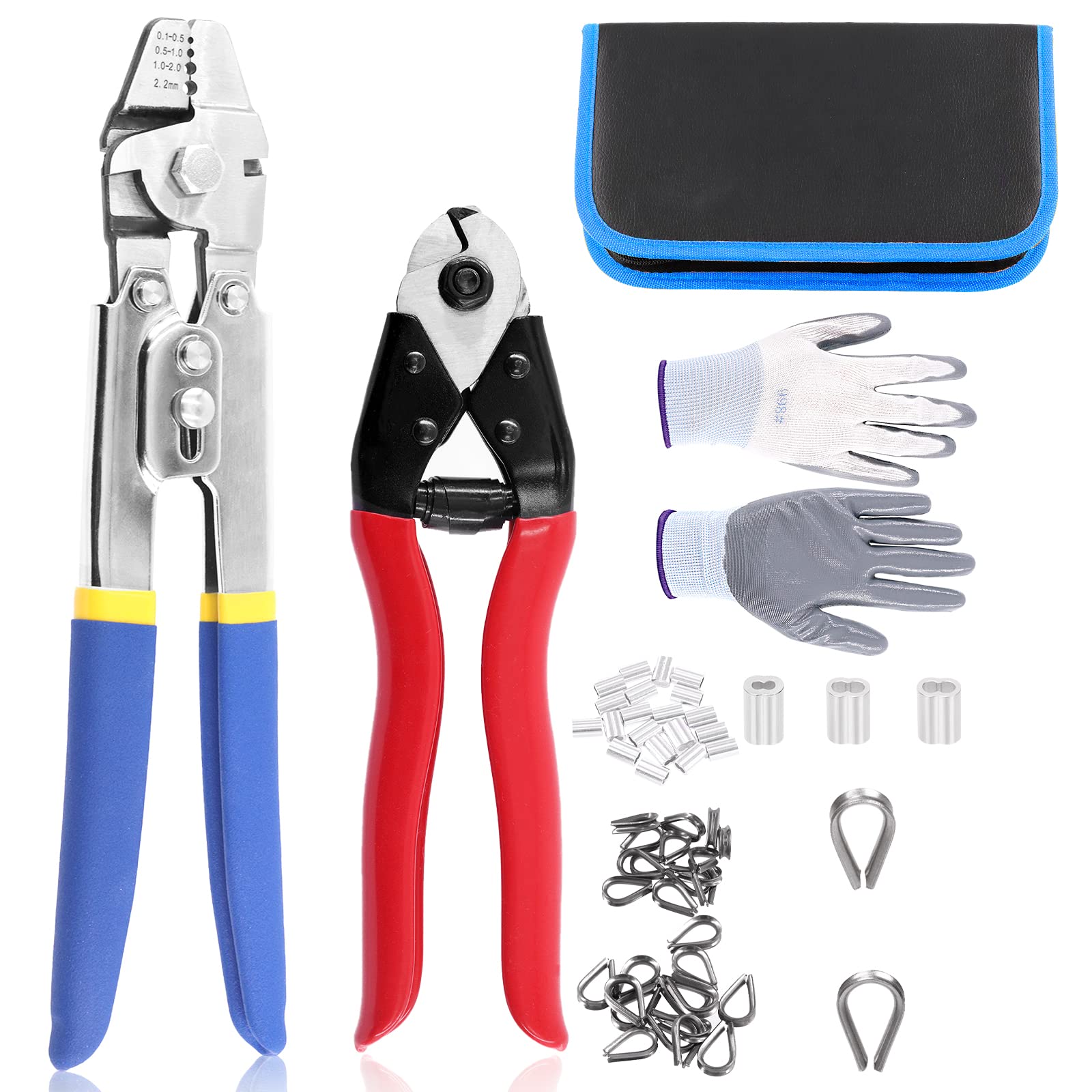 Glarks 83Pcs Wire Rope Crimping Tool Swager Crimpers Up to 2.2mm and Cable Cutter and Aluminum Double Barrel Ferrule Crimping Loop Sleeve & Stainless Steel Cable Thimbles with Gloves Assortment Kit