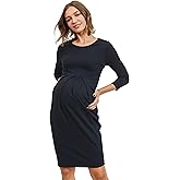 LaClef Women's Knee Length Midi Maternity Dress with Front Pleat - 3/4 Sleeve