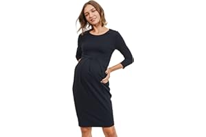 LaClef Women's Knee Length Midi Maternity Dress with Front Pleat - 3/4 Sleeve