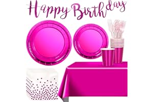 ATONOFUN Iridescent Pink Party Supplies Decorations, Hot Pink Holographic Disposable Plates, Napkin, Fork, Cup, Tablecloth, Banner for Mermaid Disco Birthday Party Serves 24