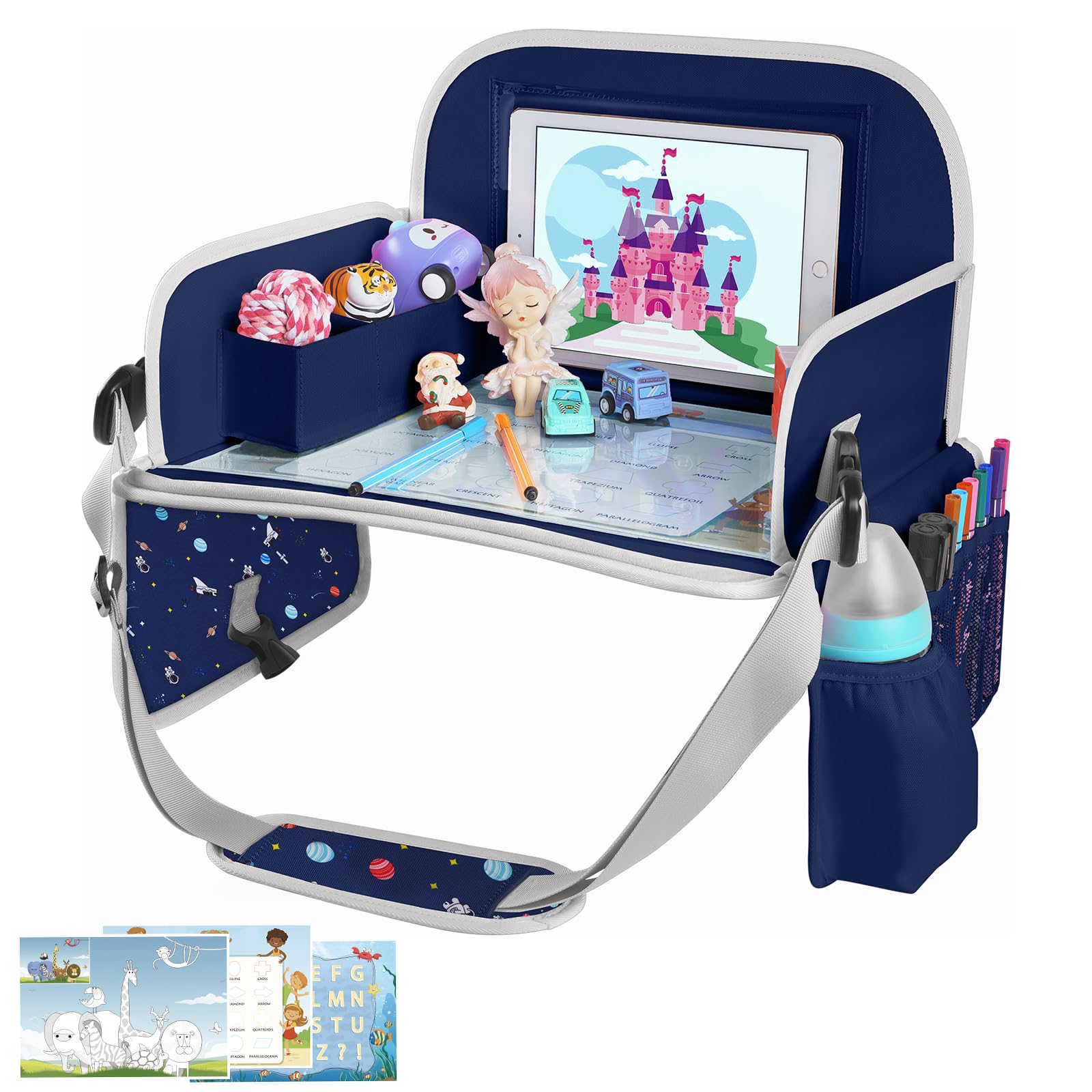 Photo 1 of MENZOKE Car Seat Tray for Kids with Educational Drawing Board, Tablet Holder & Cooler Cup Holder, Essential for Car Travel & Airplane Trips, Space Pattern Design, Dark Blue