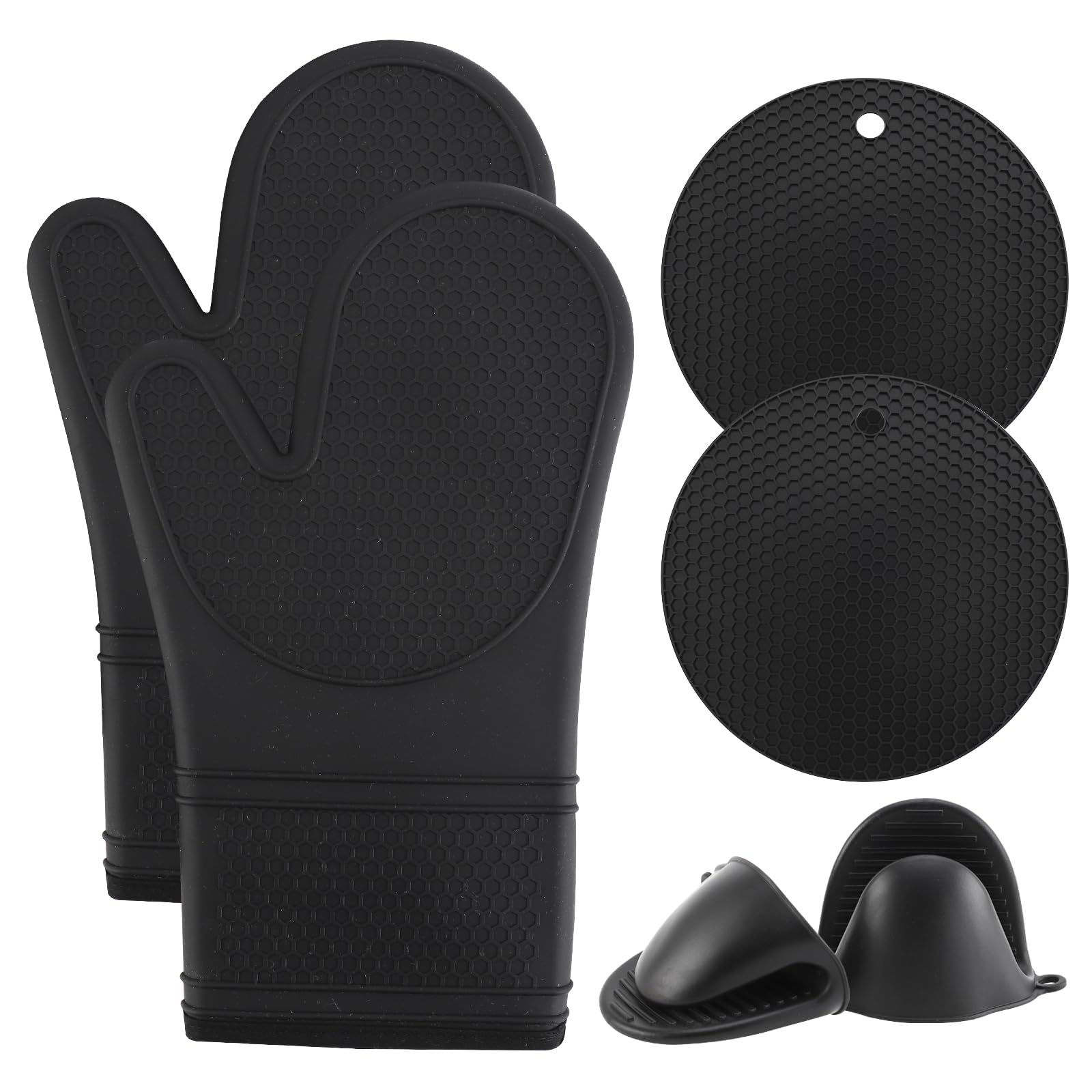 COOK WITH COLOR Silicone Oven Mitts- Heat Resistant Gloves with Soft Quilted Lining Oven Mitt Pot Holders for Cooking and BBQ, Black, Mitt Set Image