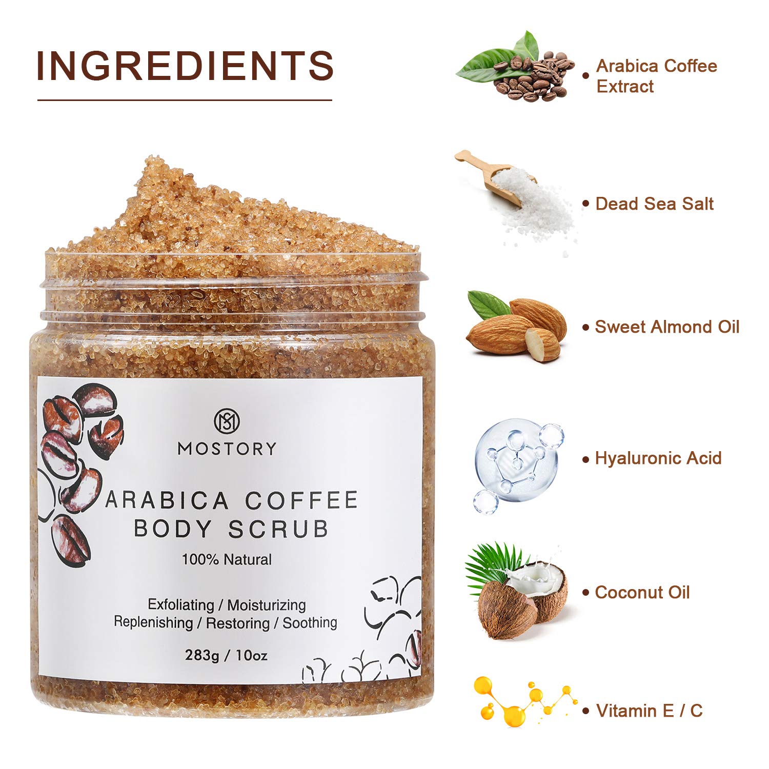 Exfoliating Dead Sea Salt Body Scrub - Arabica Coffee Organic Natural Scrubing Moisturizing Foot Leg Soft Scrubs For Women Men Cellulite Exfoliator Anti-Acne Wrinkles Vitamin E Hyaluronic Acid Coconut Oil 10 oz : Beauty