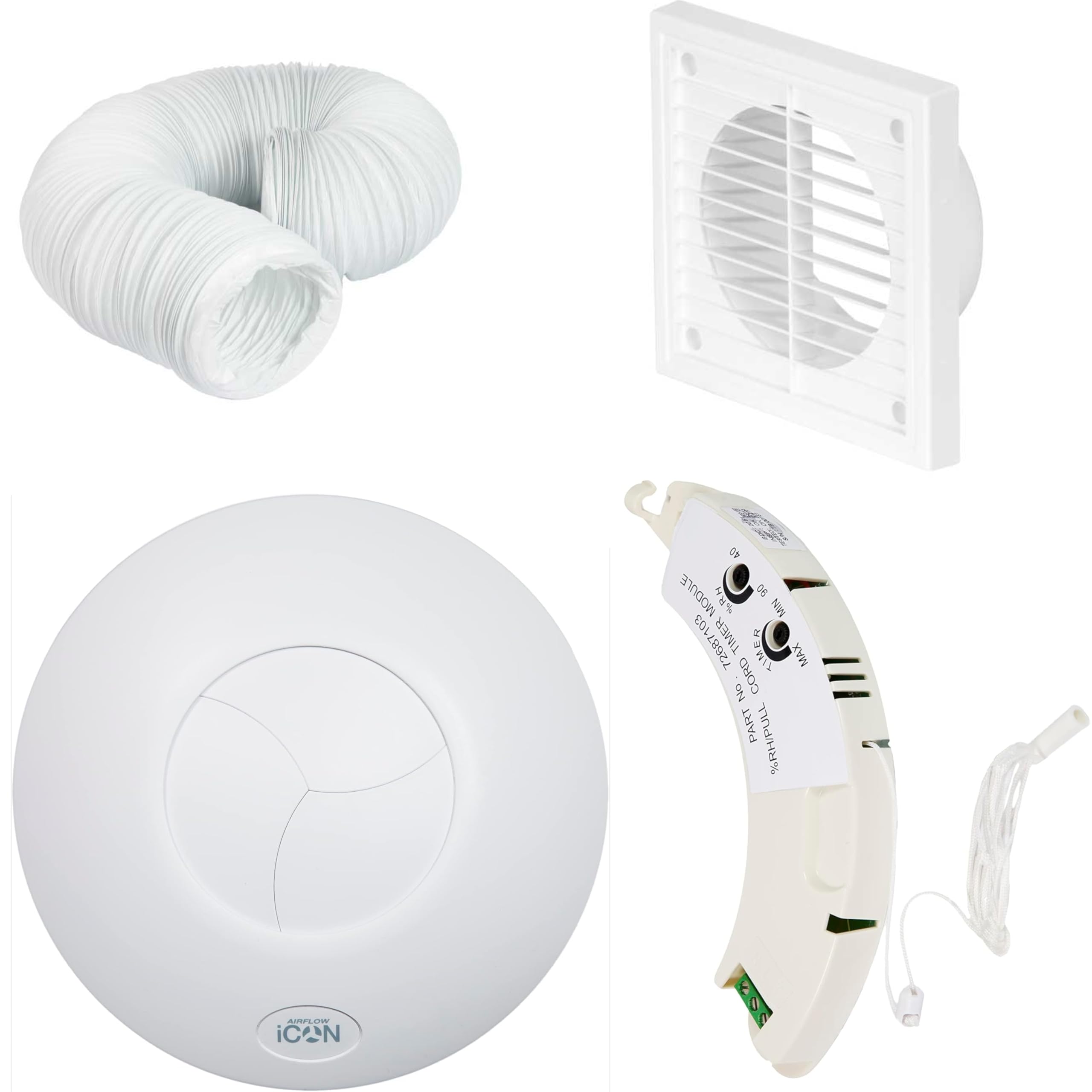 Airflow iCON 15 (19l/s) Bathroom Extractor Fan Kit with Adjustable Humidity, Timer Overrun (2-45Mins) & Pull Cord Module - Includes 3m PVC Ducting & Vent Cover - 9.7W Energy Efficient, 3-Year Warranty