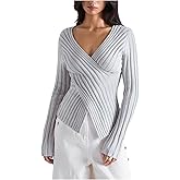 Milumia Women's Casual V Neck Long Sleeve Sweater Cross Wrap Ribbed Knit Going Out Tops