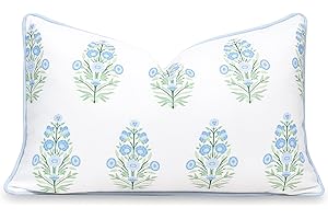 Hofdeco Premium Coastal Patio Indoor Outdoor Lumbar Pillow Cover Only, 12"x20" Water Repellent for Backyard, Couch, Baby Blue Green Floral with Piping