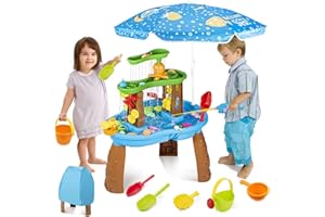 VROGTIK Water Table for Toddlers 3-5 with Umbrella Outdoor Toys for Kids Ages 4-8 3-Tier Kids Sand Water Table with Fishing Game Set Activity Sensory Table Summer Gift Beach Outside Toys for Toddlers