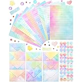 Zooyinfy 160 Pcs Stationery Paper Set Including 50 Matching Envelopes 50 One Side Stationery Writing Papers 60 Round Dot Sticker for School Office Supplies,10 Designs, 5.5 x 8.25 Inch(Watercolor)