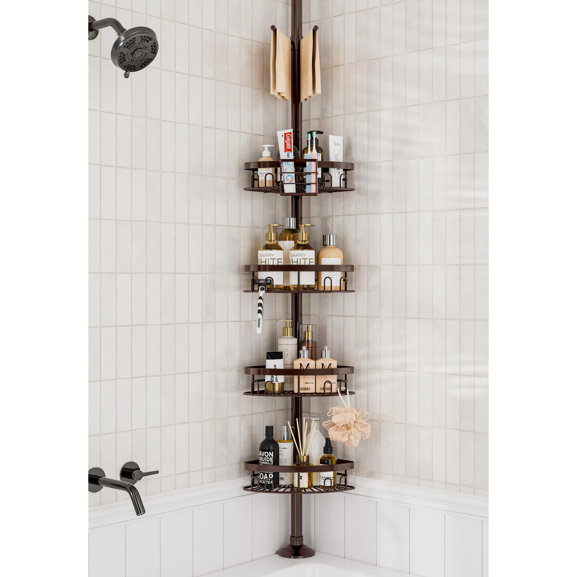 Photo 1 of cutefafa Rustproof Shower Corner Caddy Shelf for Bathroom Tension Pole Organizer with 4 Baskets for Bathtub Shampoo Storage from 23.6 to 114.5 Inch with Towel Bar (Bronze)