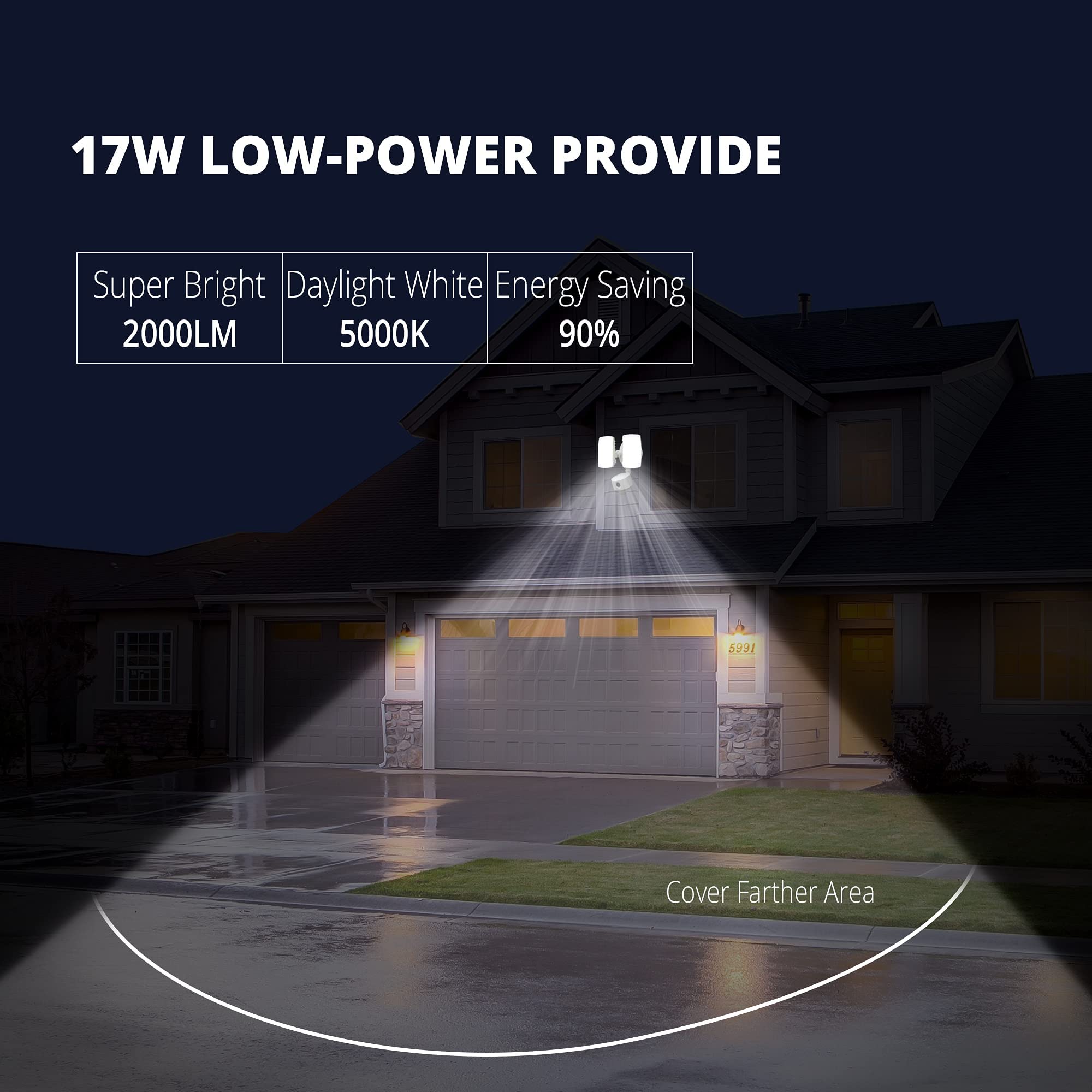 UME 19W LED Security Lights Motion Sensor Light Outdoor, 2000LM Motion Flood Light, 5000K, IP65 Waterproof, 2 Adjustable Head Motion Detector Security Light for Exterior,Outside,Garage,Yard(White)