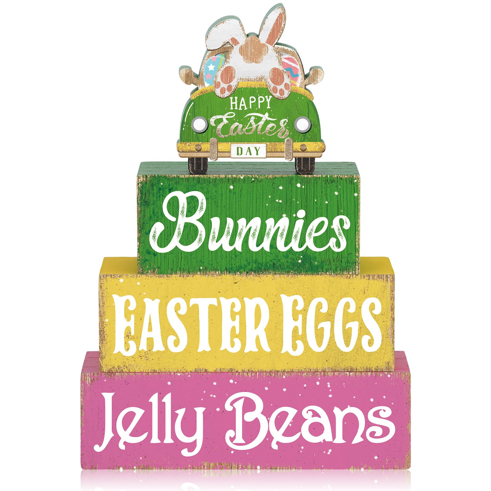 Motionchic 4 Pcs Easter Bunny Table Sign Wooden Table Decor Farmhouse Holiday Sign Easter Tabletop Centerpieces Spring Wood Blocks Tiered Tray Decor for Home Kitchen(Bunny Truck)