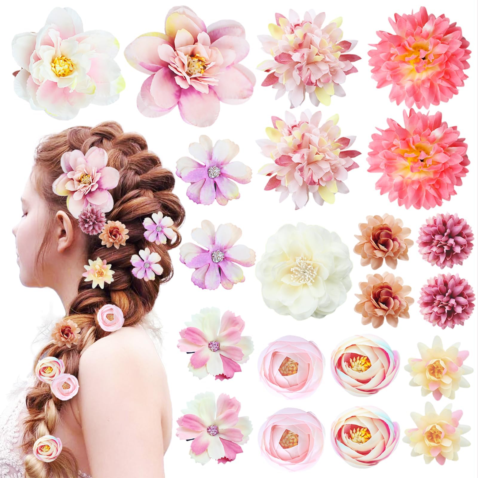Photo 1 of 21 PCS Flowers Hair Accessories for Women and Girls Boho Hair Barrettes Clips Floral Rose Bride Headpiece for Wedding Festival