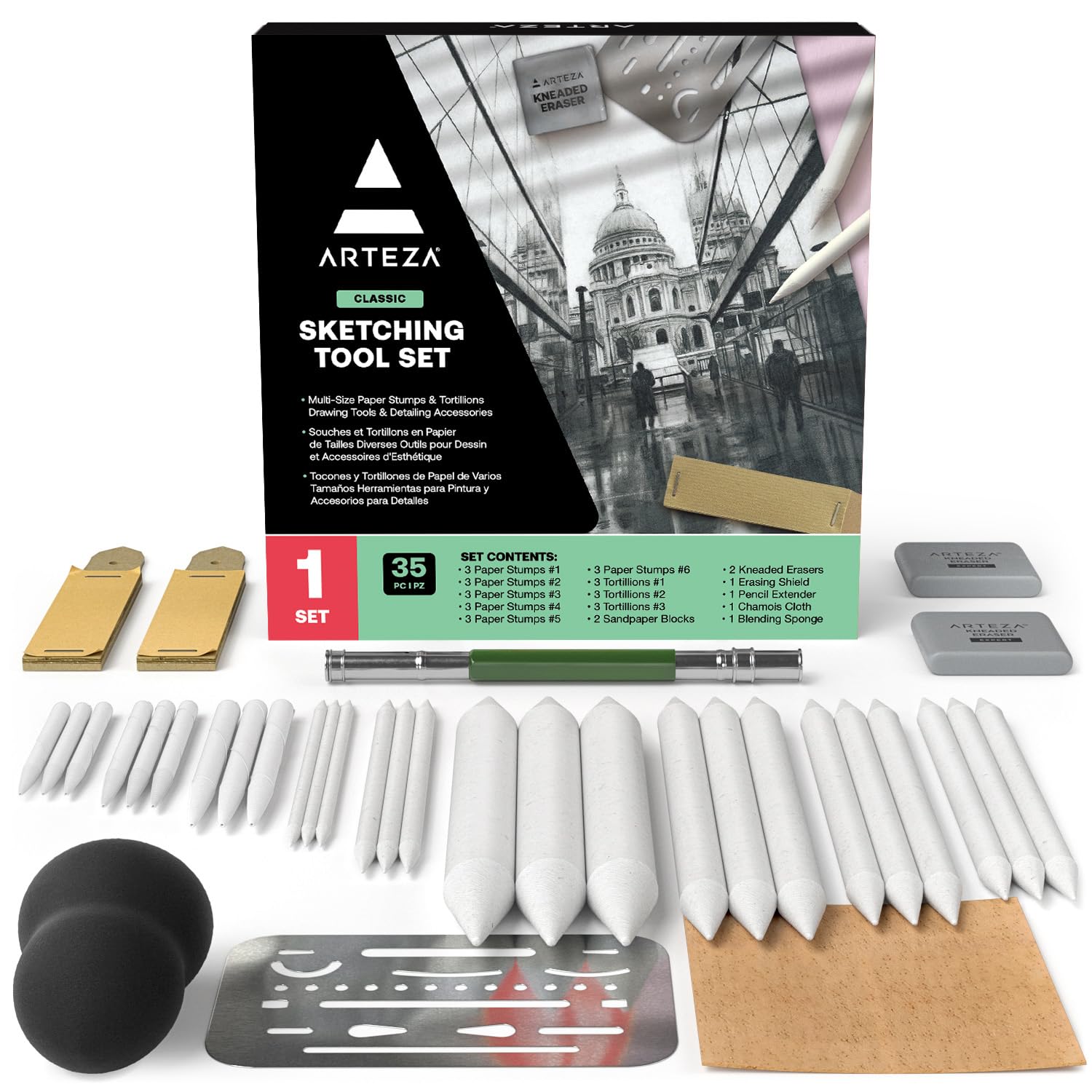 ARTEZA Drawing Kit for Adults, Set of 35 Sketching Tools and Detailing Accessories, Art Supplies for Professional, Student, and Hobbyist Drawing