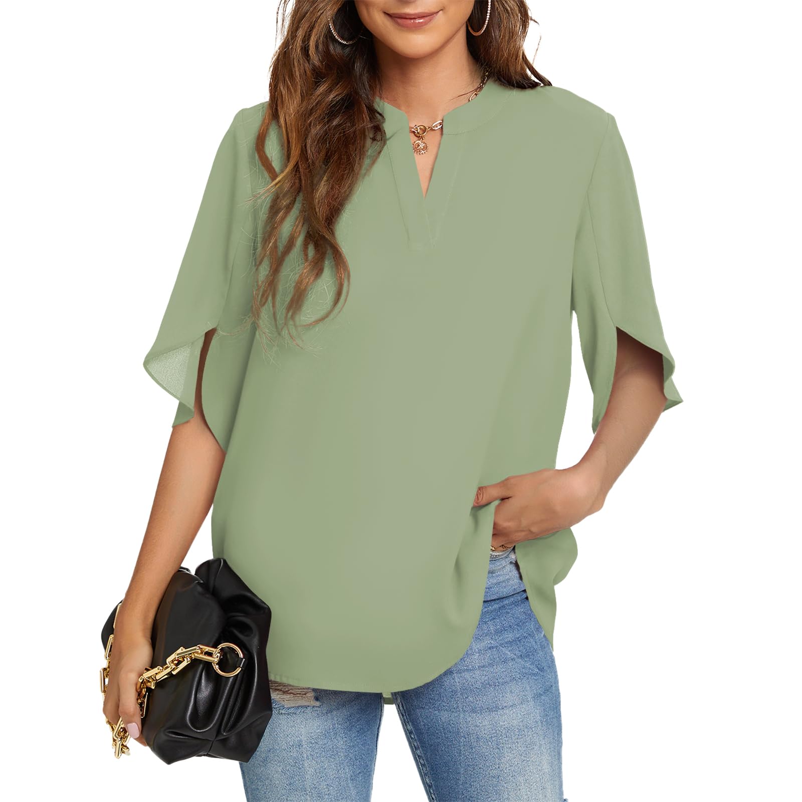 Photo 1 of Funlingo Women's Summer Dressy Casual Tops Spring Trendy Work Clothes Short Sleeve Shirts V Neck Chiffon Flowy Blouses Light Green XL