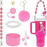 7Pcs Accessories Set for Stanley Cup 40 oz 30 oz, Water Bottle Handle Strap, Siliocne Cup Boot, Flower Straw Cover, Charms for Stanley - Rose