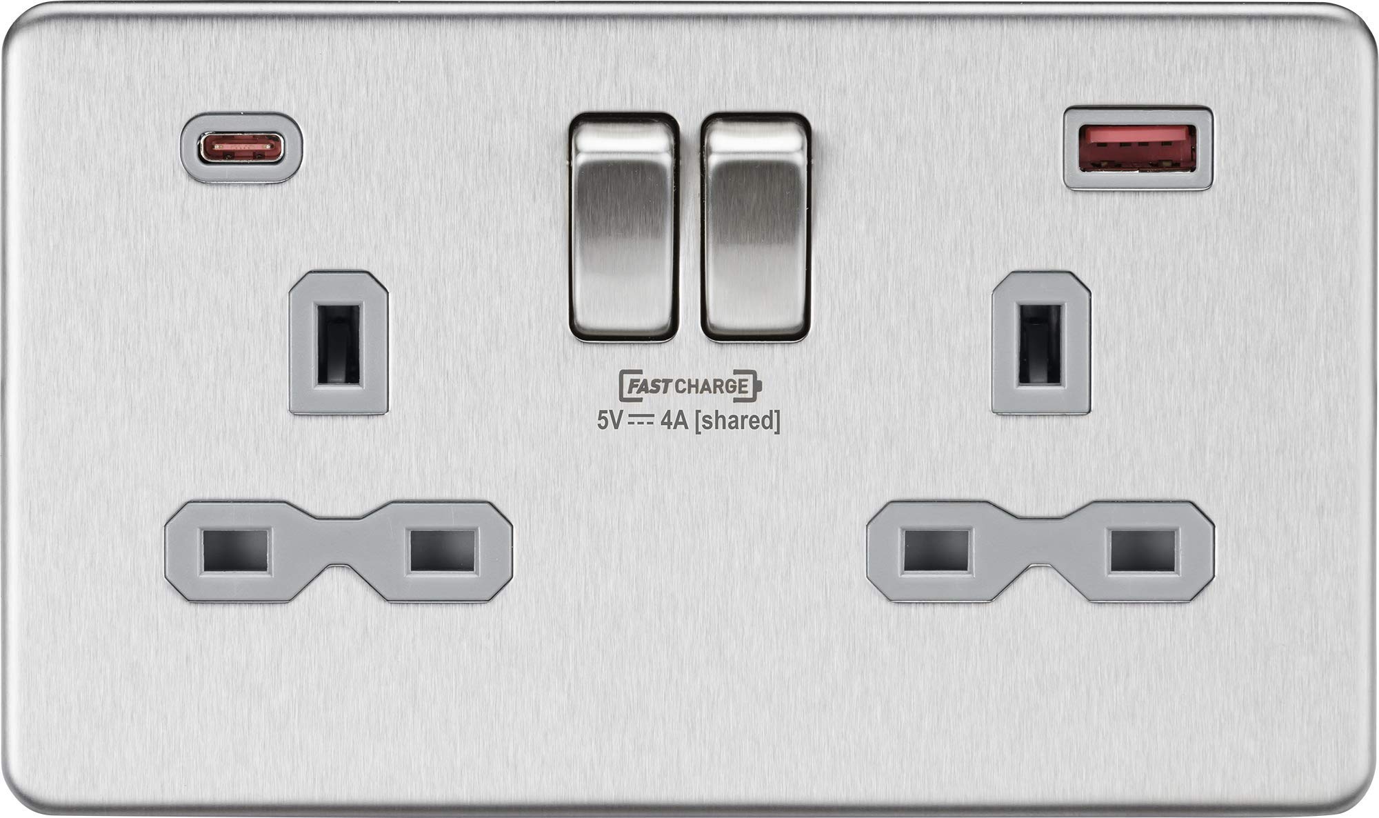 Knightsbridge SFR9909 Screwless Twin Switched Socket with Dual Fastcharge USB A+C Ports in Brushed Chrome with Grey Insert