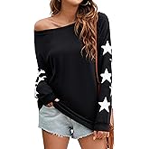 Blooming Jelly Womens Off The Shoulder Sweater Knit Pullover Long Sleeve Star Print Lightweight Cute Tops Fall Chothes