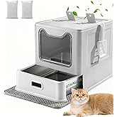 LEEJARD Stainless Steel Cat Litter Tray with Lid and Drawer, Closed Cat Litter Tray XXL with Cat Litter Tray Mat & Shovel for