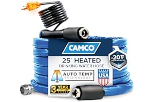 Camco 25-Ft Heated Water Hose for RV - Water Line Freeze Protection Down to -20°F/-28°C - Features Energy-Saving Thermostat & Includes Adapter for Connection to Either End of Hose (22911)