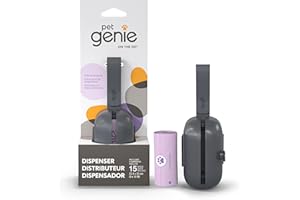 Pet Genie - On-the-Go Dog Poop Bag Dispenser for Leash - Compact & Easy to Use Device for Pet Supplies with 2-Point Secure Attachment, Includes 1 Roll (15 count) of Scented Poop Bags, (Lavender Scent)