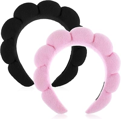 YUXIANLB Spa Headbands for Women Set of 2 Pink Black Puffy Facial Makeup Wash