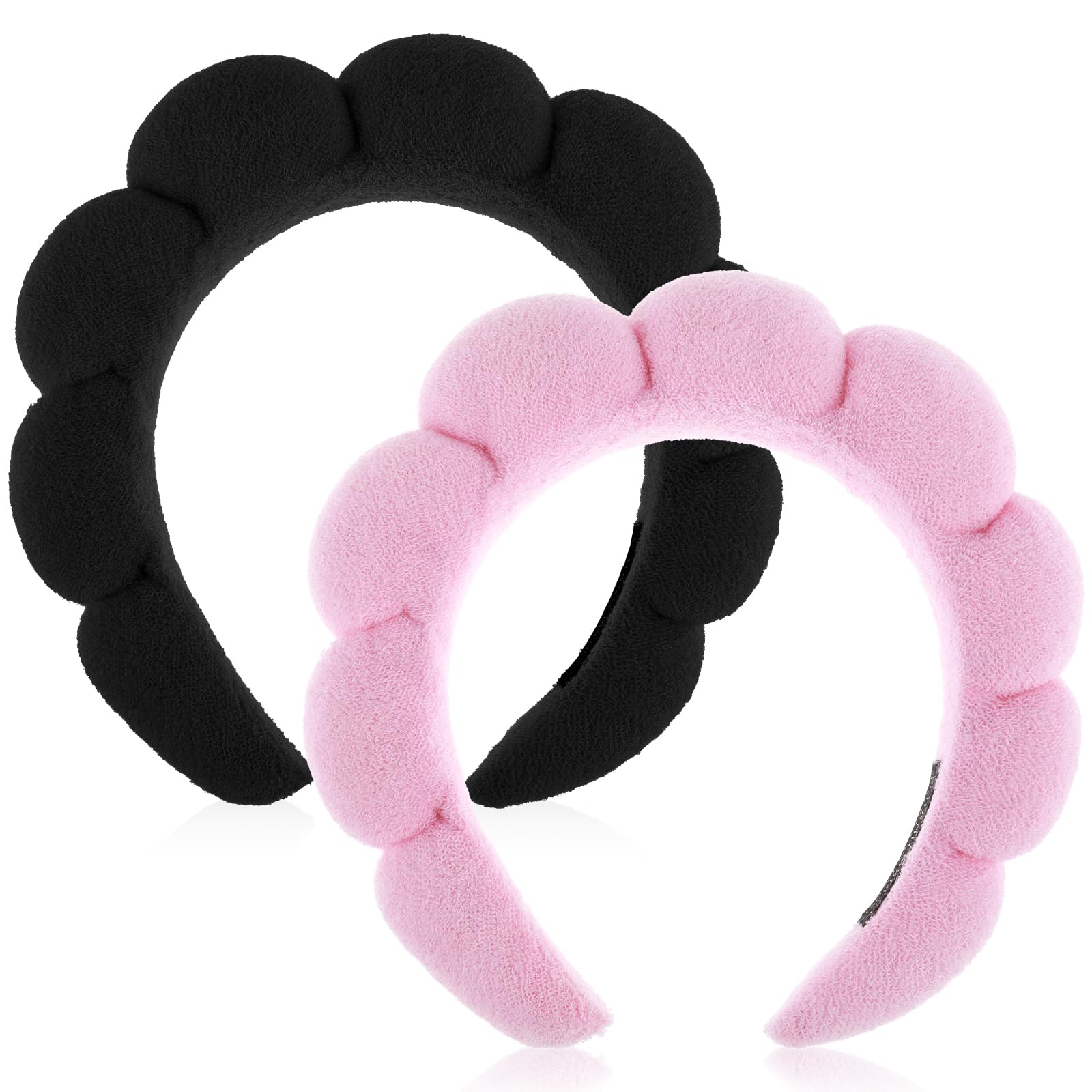 YUXIANLB Spa Headbands for Women, Set of 2 Sponge Headband for Washing Face or Facial, Skincare Headband Makeup Headbands for Women Terry Towel Cloth Fabric Puffy Shower Hair Accessory(Pink, Black) — image 1