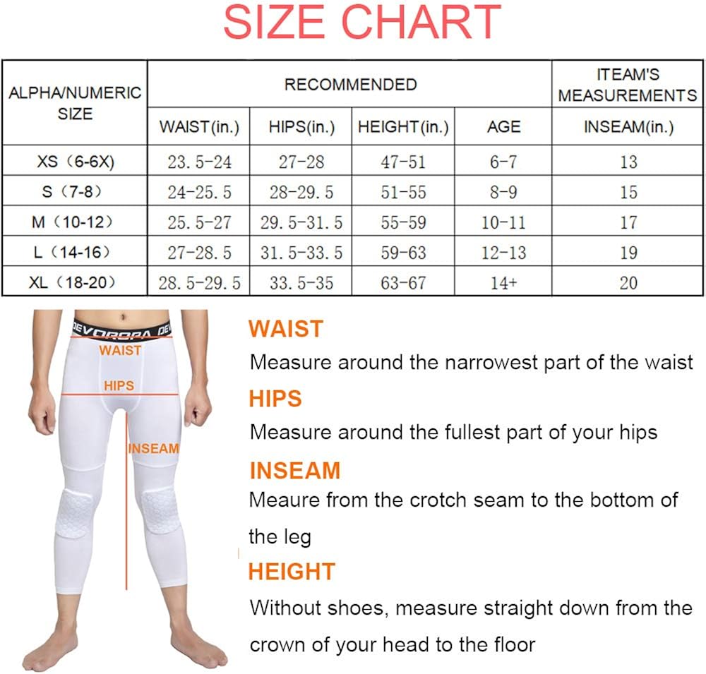 Devoropa Youth Boys Basketball Compression Pants with Knee Pads 3/4 Athletic Tights Quick Dry Sports Workout Leggings : Clothing