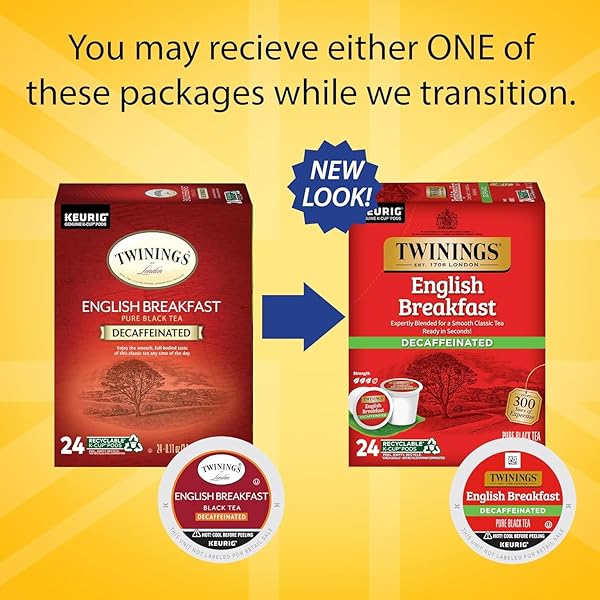 TWININGS DECAFFEINATED ENGLISH BREAKFAST BLACK TEA K-CUP PODS FOR KEURIG, 24 COUNT (PACK OF 1), SMOOTH, FLAVOURFUL, ROBUST, ENJOY HOT OR ICED