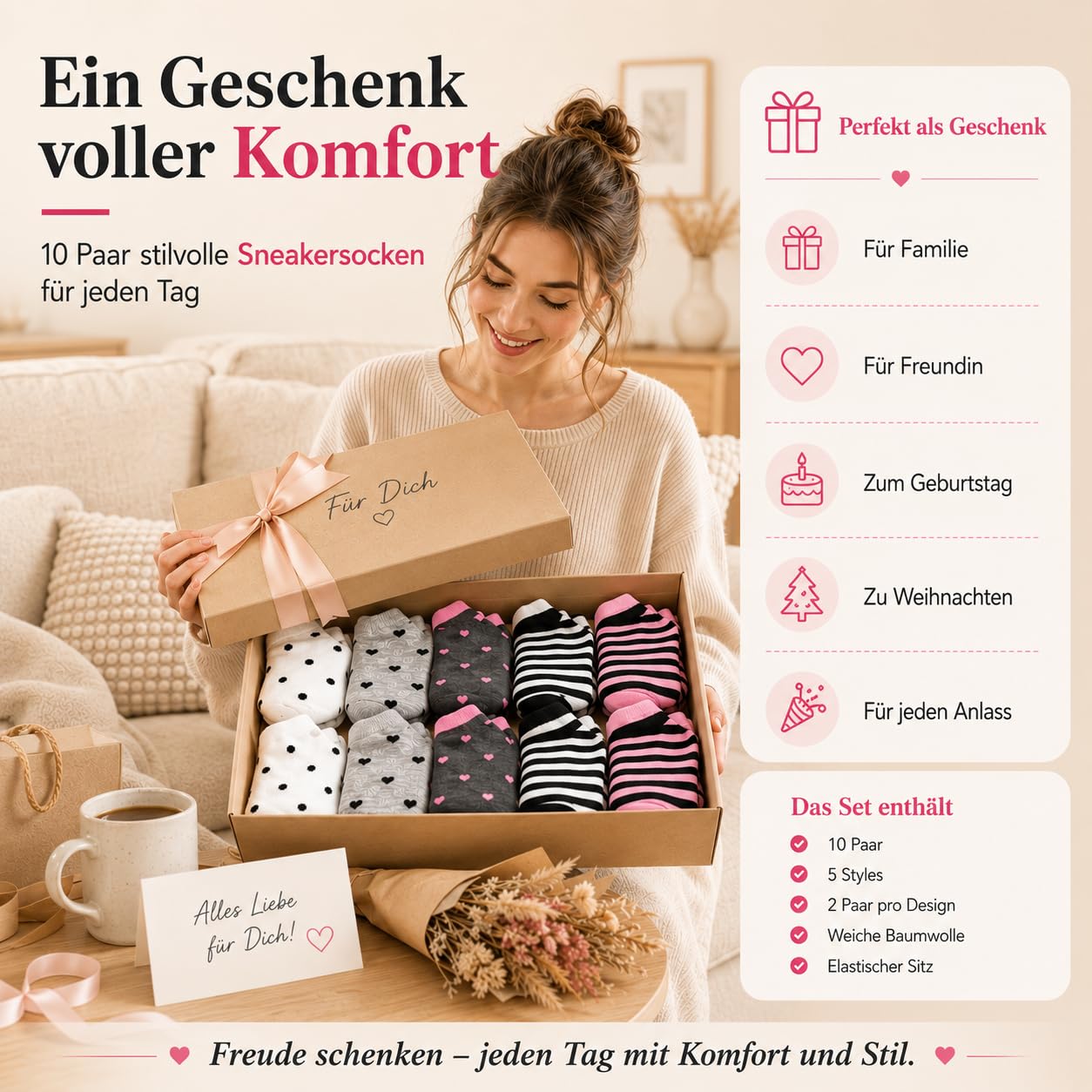 Soleeya 10 Paar Sneaker Socken Damen 39-42, Baumwolle Füßlinge Damen mit Streifen Punkte Herzen, Atmungsaktive Kurz Sportsocken Teen Mädchen Wandersocken Sommer Sneakersocken für Alltag 7