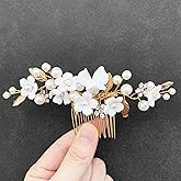 BETITETO Bridal Ceramic Flower Hair Accessories White Flower Ivory Pearl Rhinestone Gold Leaf Hair Piece with Comb for Women Wedding Prom