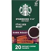 Starbucks VIA Instant Coffee, Italian Roast, 20 Count | 100% Arabica instant coffee packets; Italian Roast dark roast; 1 box, 20 packets
