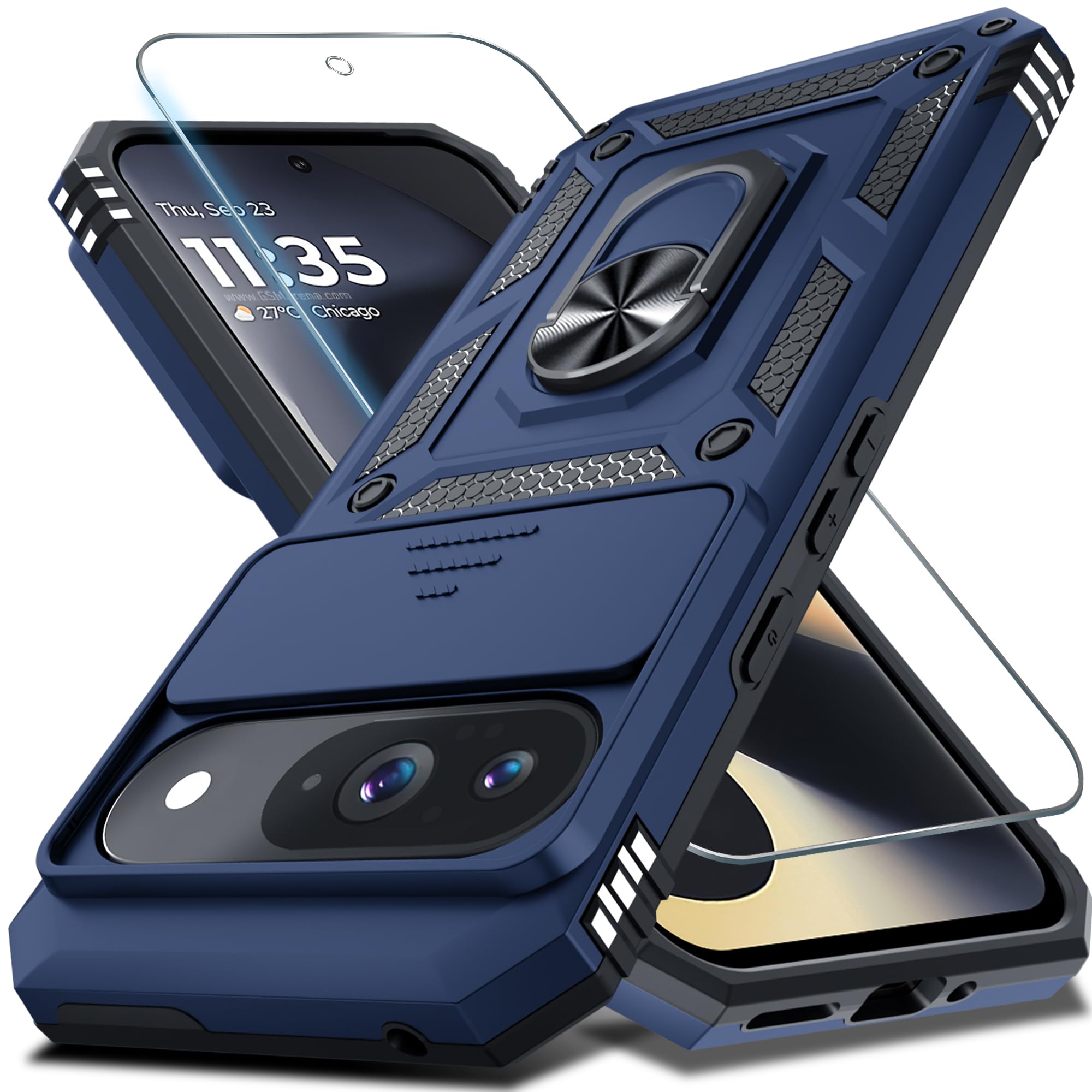 Photo 1 of **2 pack**Janmitta Case Compatible with Google Pixel 9/9 Pro Built in Slide Camera Lens Cover+Screen Protector+Finger Ring Holder Kickstand,Heavy Duty Shockproof Full Body Protective Phone Cover,Blue