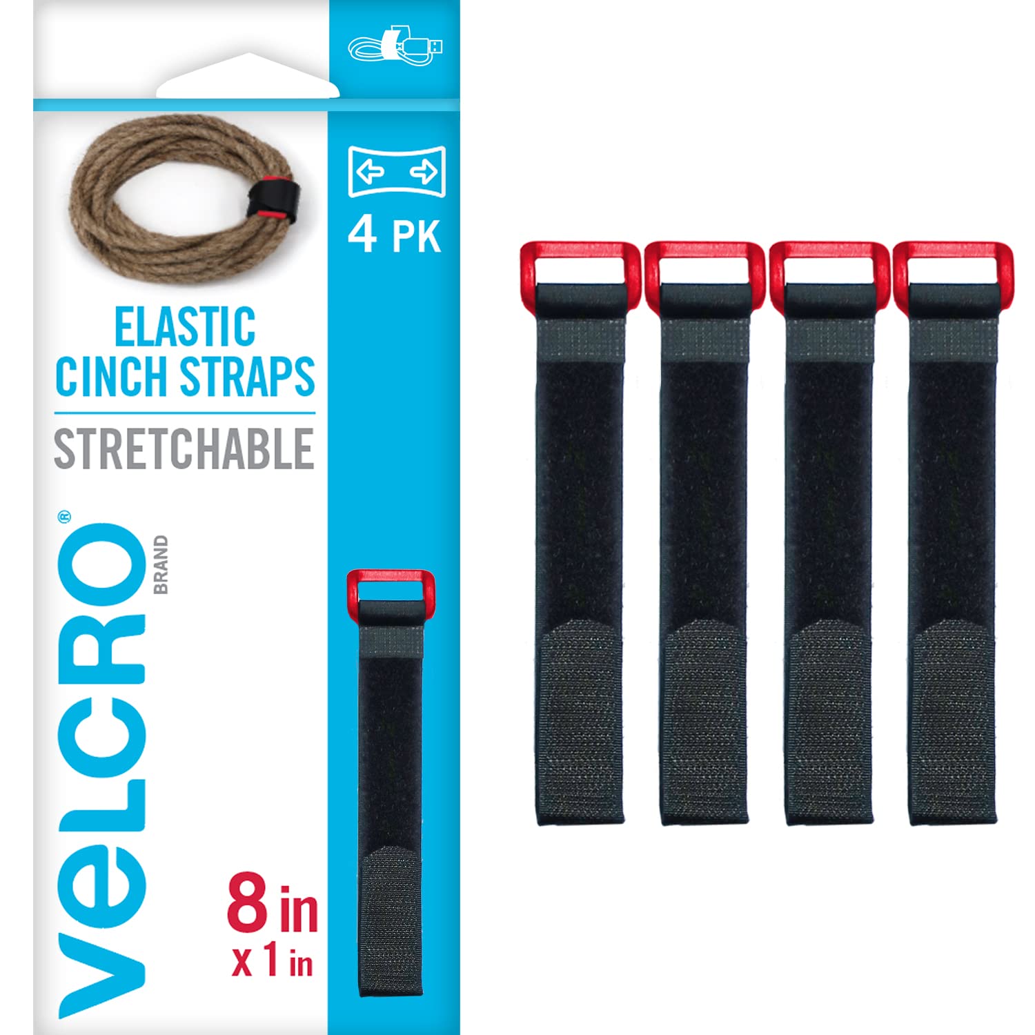 VELCRO Brand Elastic Cinch Straps with Buckle, 8in x 1in, Black, 4 Pack